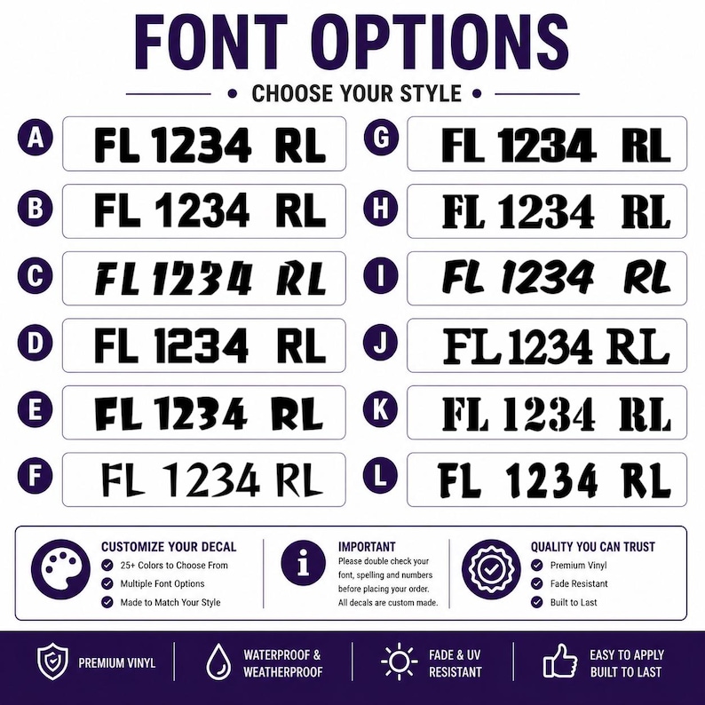 May include: A graphic showcasing font options for decals, featuring various styles for text like "FL 1234 RL." The image includes customization details, such as color choices and vinyl quality, along with a note to double-check font and spelling.