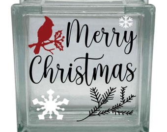 Merry Christmas Cardinal Vinyl Decal for Glass Block (5.65" x 5.65")