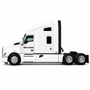 May include: A white semi-truck cab with a sleeper compartment, featuring chrome wheels and black trim. The side of the vehicle displays the text USDOT 12345678 in black lettering. The truck is shown from a side profile view against a white background.