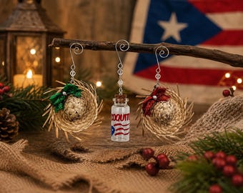 Jibaro Christmas Ornament Set: Mini Pavita Hats, Coquito Bottle – Puerto Rican Decor