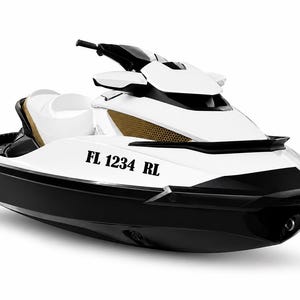 May include: A white and black jet ski with gold accents. The jet ski has the text "FL 1234 RL" on the side. The jet ski is on a white background.