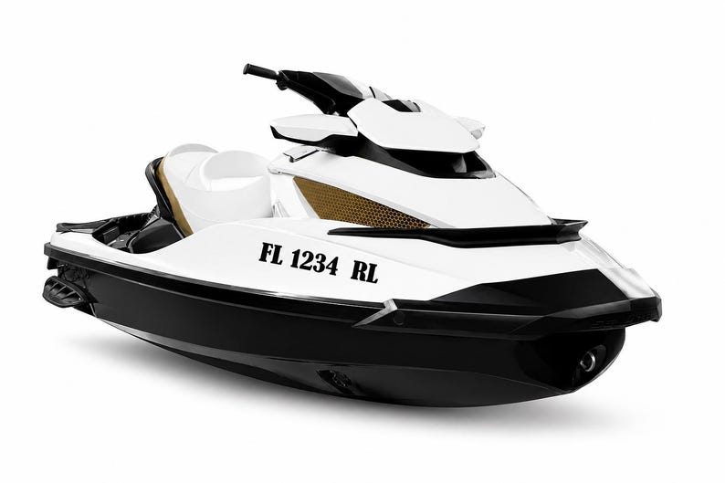 May include: A white and black jet ski with gold accents. The jet ski has the text "FL 1234 RL" on the side. The jet ski is on a white background.