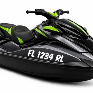 May include: Black and gray jet ski with green accents. The jet ski has the text "FL 1234 RL" in white on the side. The jet ski is on a white background.