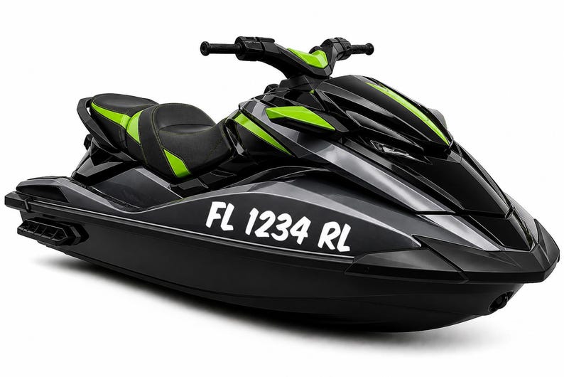 May include: Black and gray jet ski with green accents. The jet ski has the text "FL 1234 RL" in white on the side. The jet ski is on a white background.