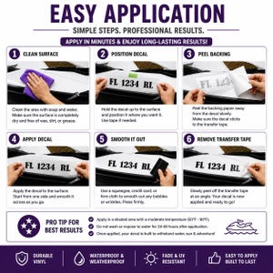 May include: Step-by-step guide for applying a decal, featuring the text "EASY APPLICATION." Instructions include cleaning the surface, positioning the decal, peeling the backing, applying the decal, smoothing it out, and removing the transfer tape. The decal is durable vinyl, waterproof, and fade-resistant.