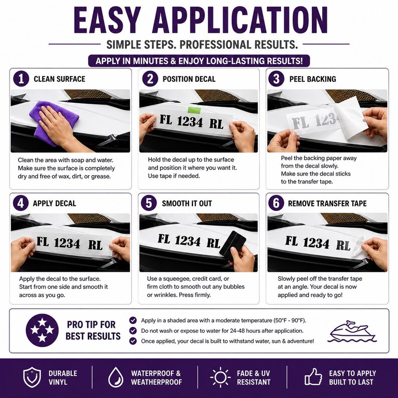 May include: Step-by-step guide for applying a decal, featuring the text "EASY APPLICATION." Instructions include cleaning the surface, positioning the decal, peeling the backing, applying the decal, smoothing it out, and removing the transfer tape. The decal is durable vinyl, waterproof, and fade-resistant.