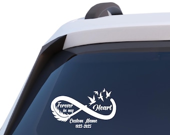 Memorial Car Window Decal, Infinity Heart Feather Birds RIP Sympathy Gift