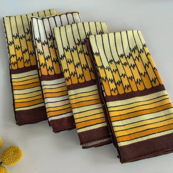 4 Vintage 70's Napkins with Yellow & Brown Groovy Geometric Print, Fabric Dining Table Linens
