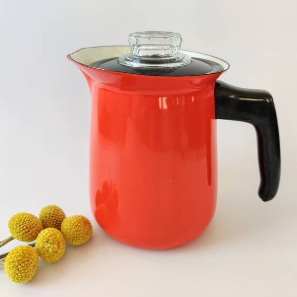 Vintage Flame Orange Enamel Coffee Percolator w/ Cut Glass Handle Lid, Mid-Century Kitchen Enamelware