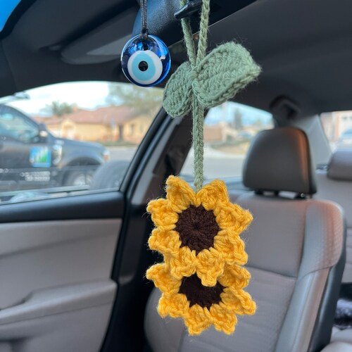 Crochet Sunflower Car Charm Car Mirror Accessory Rearview Etsy