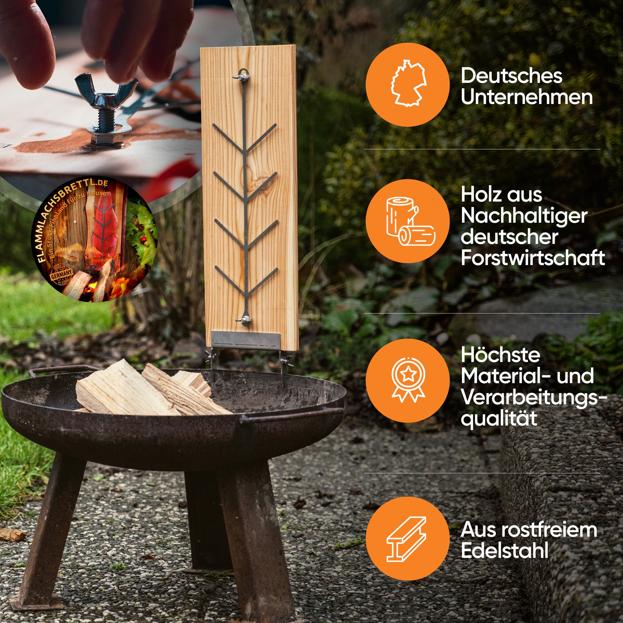 Deistar Flame Salmon Board - Solid Beech Wood, Adjustable Stainless Steel Bracket, 55 X 18 Cm, For Grilling & Smoking-748684