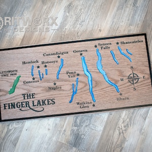 Wood Wall Art 3D Lake Map - NY Finger Lakes Engraved Wood Art With Epoxy Resin Inlay | Custom Wood Map Lake House Decor | Finger Lakes Gift