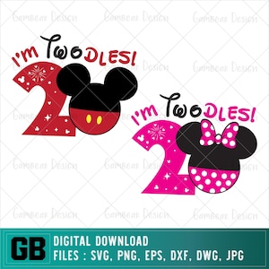 I&#39;m Twodles Svg | Oh Twodles Svg | Birthday Girl Svg | Mickey Mouse and Minnie Mouse head | I&#39;m Twodles Girl svg | Silhouette & Cricut