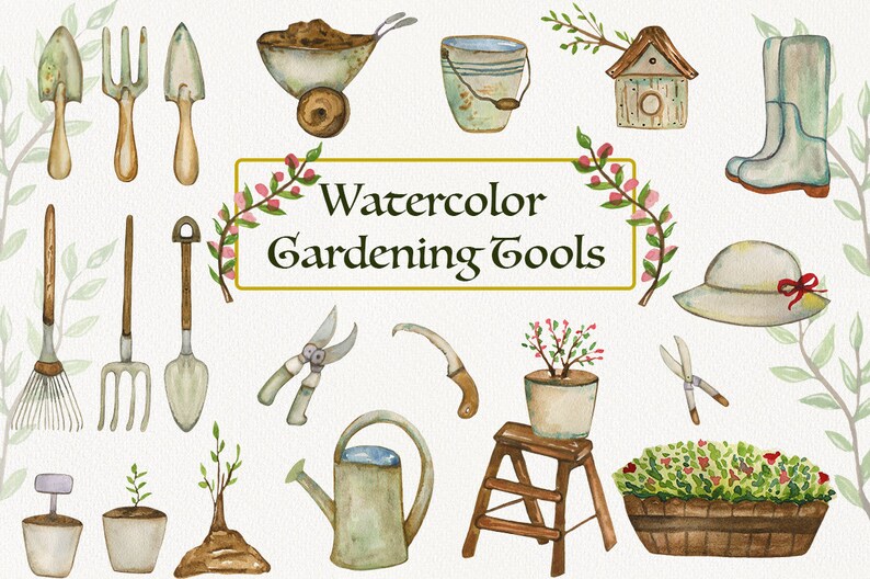 Download Watercolor Garden Tools Clipart Plants Greenery Boho Set Spring Growing Flowers Country House Nesting Box Pots Seeds Spade Instant Download Art Collectibles Drawing Illustration Vadel Com