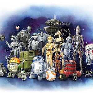 May include: A watercolor-style illustration featuring a large group of diverse robots and droids of various shapes, sizes, and colors, including gold, blue, red, and green, set against a deep blue and purple cosmic background with faint stars.