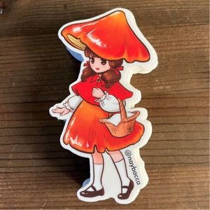 Mushroom girl - red riding hood - clear sticker 3” Matte vinyl