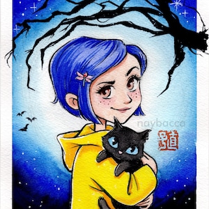 May include: Watercolor illustration of a girl with blue hair, wearing a yellow hoodie, holding a black cat with blue eyes. The background is a dark blue night sky with stars and a silhouetted tree branch. The artist's signature is visible.