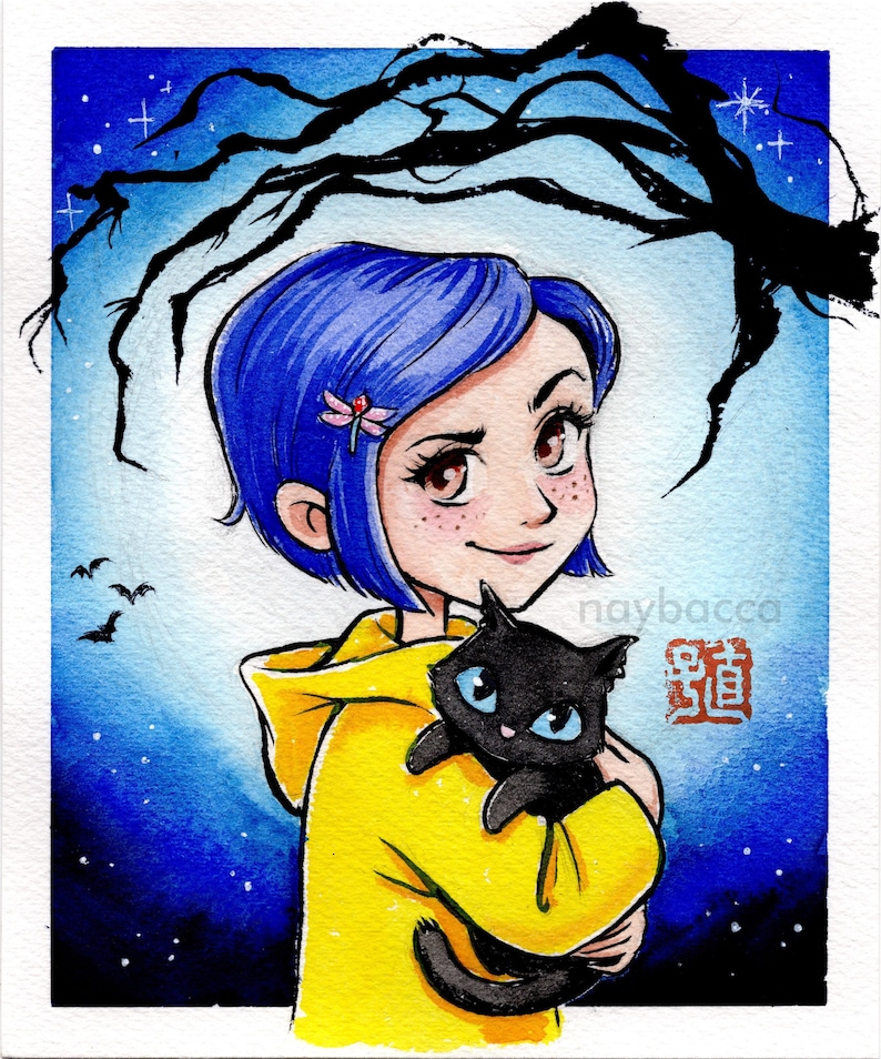 May include: Watercolor illustration of a girl with blue hair, wearing a yellow hoodie, holding a black cat with blue eyes. The background is a dark blue night sky with stars and a silhouetted tree branch. The artist's signature is visible.