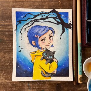 May include: Watercolor painting of a girl with blue hair and a yellow hooded jacket, holding a black cat with blue eyes. The background is a night sky with stars and a silhouetted tree. The artwork is on watercolor paper.