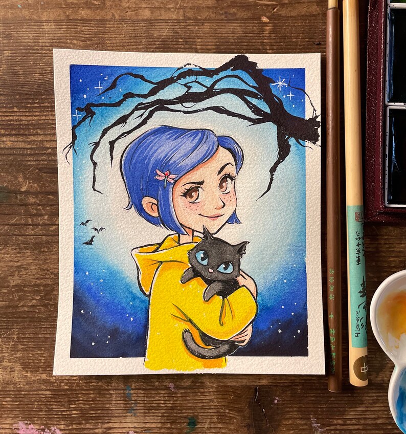 May include: Watercolor painting of a girl with blue hair and a yellow hooded jacket, holding a black cat with blue eyes. The background is a night sky with stars and a silhouetted tree. The artwork is on watercolor paper.