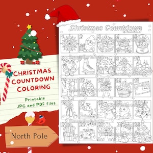 Pagina da colorare con conto alla rovescia per Natale - Colorazione Premium - Download immediato - Stampabile - Calendario dell'Avvento per adulti e bambini