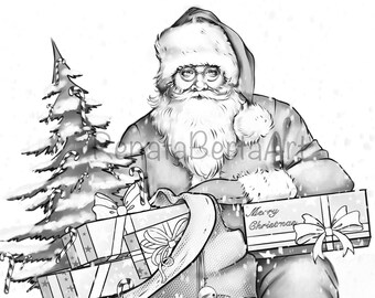 Santa - Christmas - Premium Grayscale Coloring Page - Instant Download Coloring Page - Printable