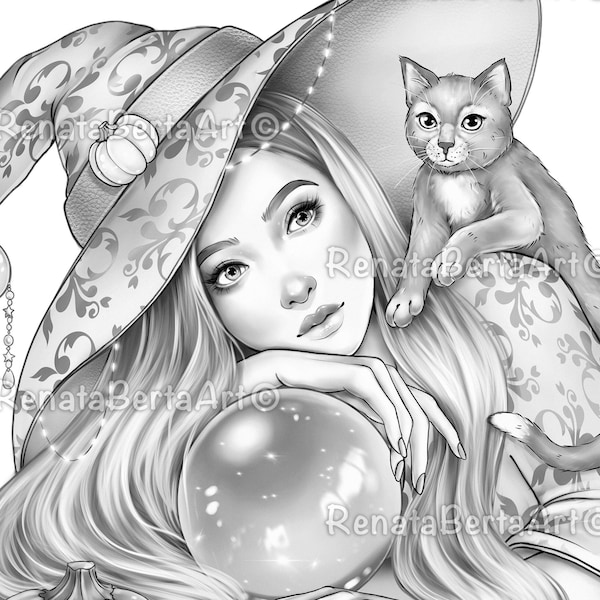 The Almighty Witch - Premium Grayscale Coloring Page - Instant Download - Printable - Portrait - Halloween - Pumpkin - Cat