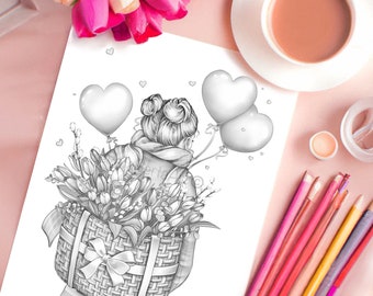 Valentines Day - Premium Grayscale Coloring Page - Instant Download Coloring Page - Printable - Portrait - Flowers - Spring - Woman - Tulips