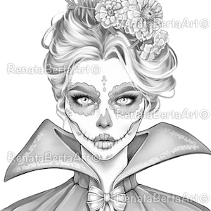 Mum - Premium Grayscale Coloring Page - Instant Download - Printable - Day of the dead - Dia de los Muertos - Woman Portrait - Halloween