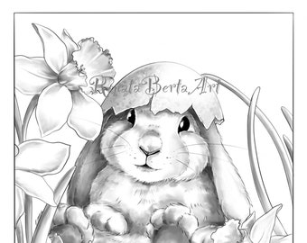 Premium Grayscale Coloring Page - Instant Download Coloring Page - Printable - Easter - Bunny - Spring - Daffodil