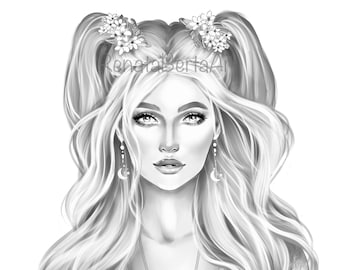 Capricorn - Premium Grayscale Coloring Page - Instant Download Coloring Page - Printable - Zodiac - Woman Portrait