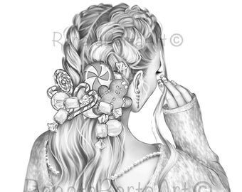 Christmas Candy Hairstyle - Premium Grayscale Coloring Page - Instant Download Coloring Page - Printable - Portrait