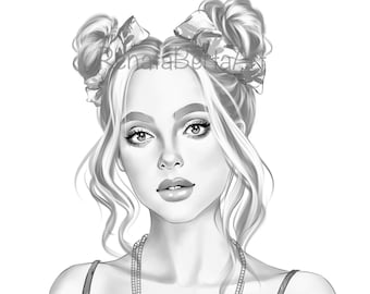 Cancer - Premium Grayscale Coloring Page - Instant Download Coloring Page - Printable - Zodiac - Woman Portrait
