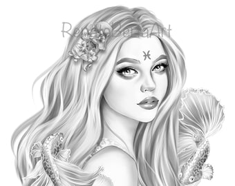 Pisces - Premium Grayscale Coloring Page - Instant Download Coloring Page - Printable - Zodiac - Woman Portrait