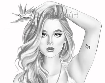 Aquarius - Premium Grayscale Coloring Page - Instant Download Coloring Page - Printable - Zodiac - Woman Portrait
