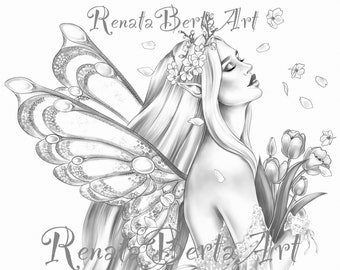 Premium Grayscale Coloring Page - Instant Download Coloring Page - Printable - Portrait - Spring - Fairy
