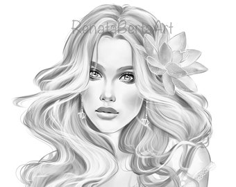Virgo - Premium Grayscale Coloring Page - Instant Download Coloring Page - Printable - Zodiac - Woman Portrait