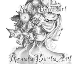 Christmas Hairstyle - Premium Grayscale Coloring Page - Instant Download Coloring Page - Printable - Portrait - Christmas