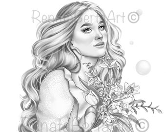 The bouquet - Premium Grayscale Coloring Page - Instant Download Coloring Page - Printable - Portrait - Woman - Flowers - Spring