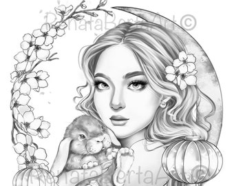 Lunar New Year - Premium Grayscale Coloring Page - Instant Download Coloring Page - Printable - Portrait - Cherry blossom - Bunny - Lantern