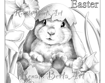 Premium Grayscale Coloring Page - Instant Download Coloring Page - Printable - Easter - Spring - Bunny - Daffodil