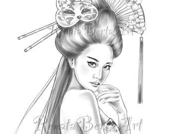 Premium Grayscale Coloring Page - Instant Download Coloring Page - Printable - Portrait - Emiko