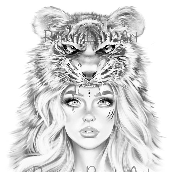 Premium Grayscale Coloring Page - Instant Download Coloring Page - Printable 8.5”x11” - Woman Portrait with Tiger