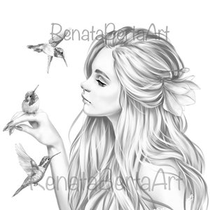 Premium Grayscale Coloring Page - Instant Download Coloring Page - Printable 8.5”x11” - Woman Portrait with Hummingbirds