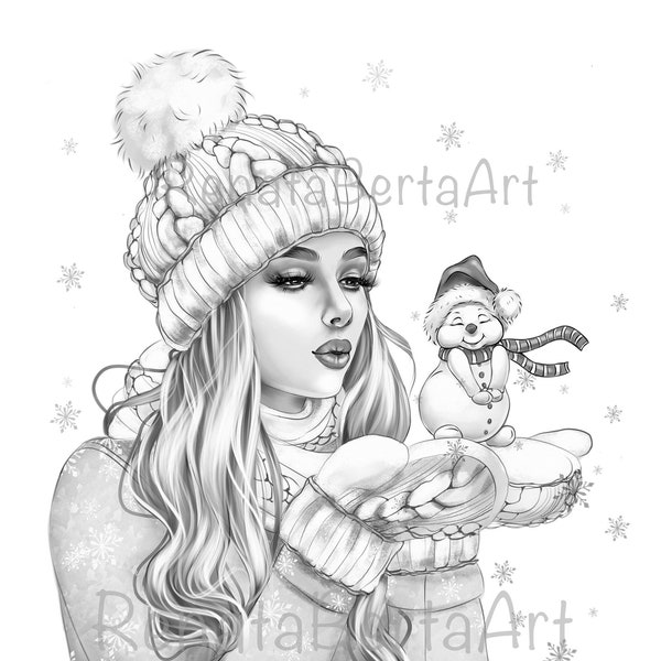The Little Snowman- Premium Grayscale Coloring Page - Instant Download Coloring Page - Printable - Portrait - Christmas