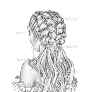 Peut inclure: Une illustration en noir et blanc d'une femme avec de longs cheveux flottants coiffés en deux tresses. Les tresses sont tirées en arrière en queues de cheval. La femme porte un haut blanc à épaules dénudées avec des volants.