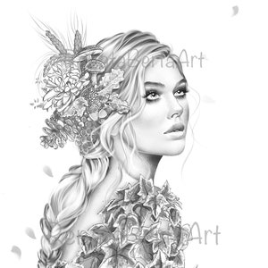 Premium Grayscale Coloring Page - Instant Download Coloring Page - Printable - Autumn - Portrait