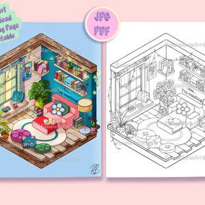 May include: A black and white line drawing of a cozy living room with a bookshelf, a couch, a coffee table, a cat, and a lamp. The text "Shh... I'm reading" is on the wall.