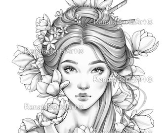 Magnolia - Premium Grayscale Coloring Page - Instant Download - Printable - Portrait - Asian Beaty - Geisha with Magnolias