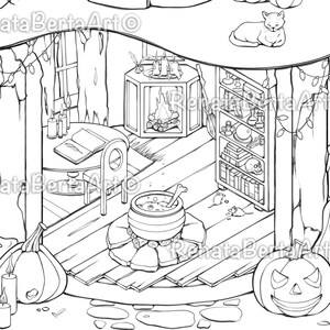 Witch Cottage Lineart - Pocket Room Coloring Page - Instant Download ...